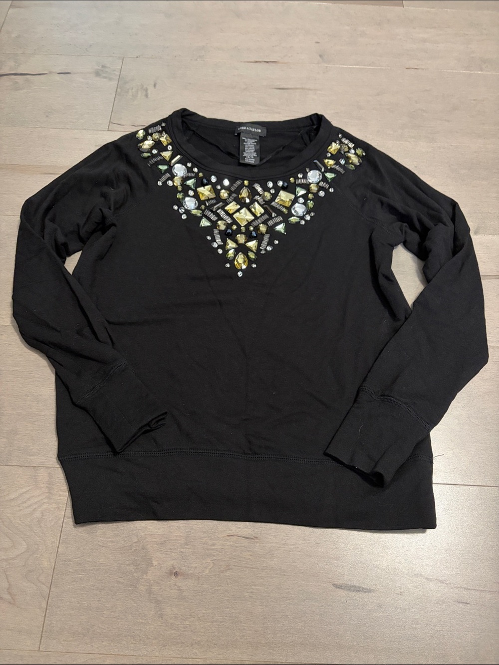 Lord & Taylor Like New Crew-Neck Black Sweater with Gem Embellishments
